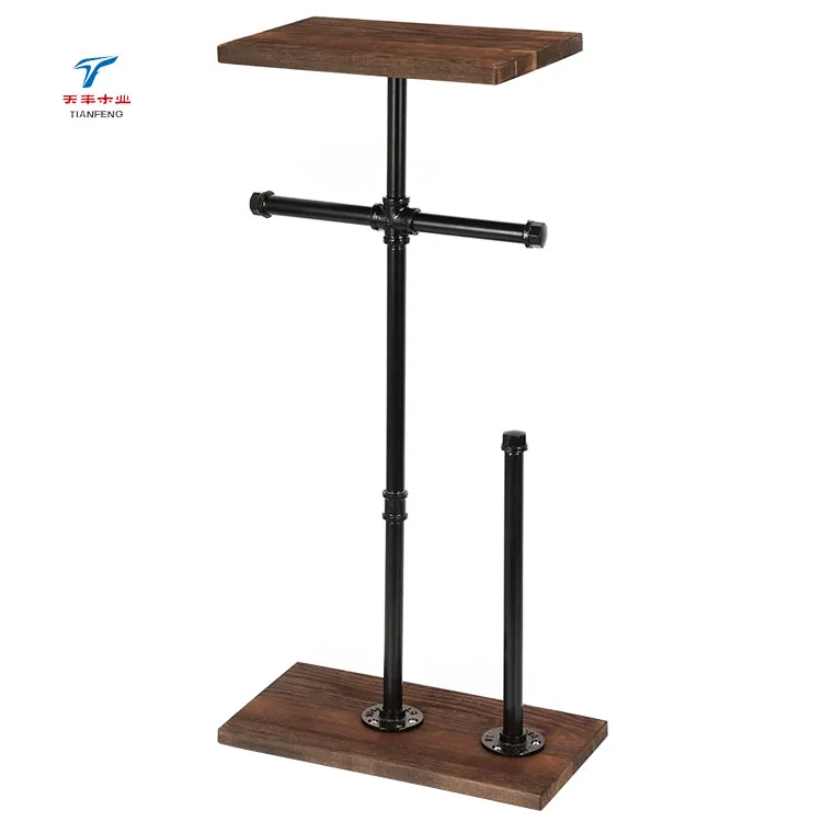Industrial Free Stand Dispenser Toilet Paper Holder with Reserve Shelf Cast Iron Pipe Wooden Base