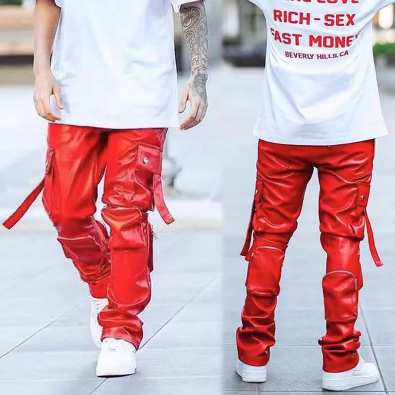 Mens High Quality Faux Leather Stacked Cargo Pants Manufacturer Custom Loose Multi Pocket PU Trousers Streetwear For Men