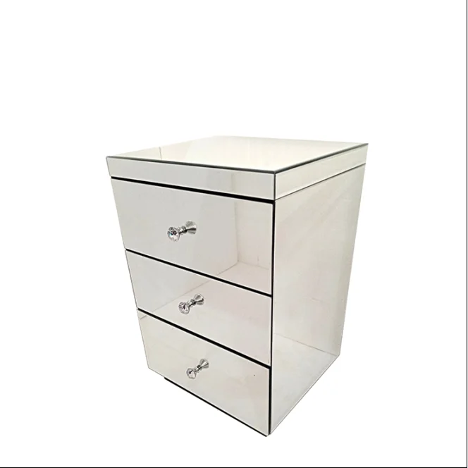 YGJS0540 Modern Home Furniture Glass Decor Crushed Diamond White bedroom Mirrored Bedside Tables with 3 Drawer