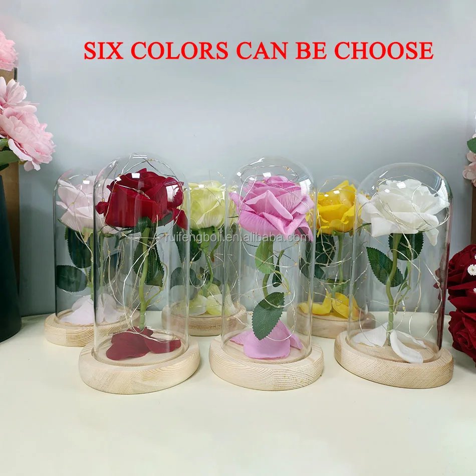 oem high quality competitive price enchanted eternal rose glass set preserved flower red rose with led lights in a glass dome