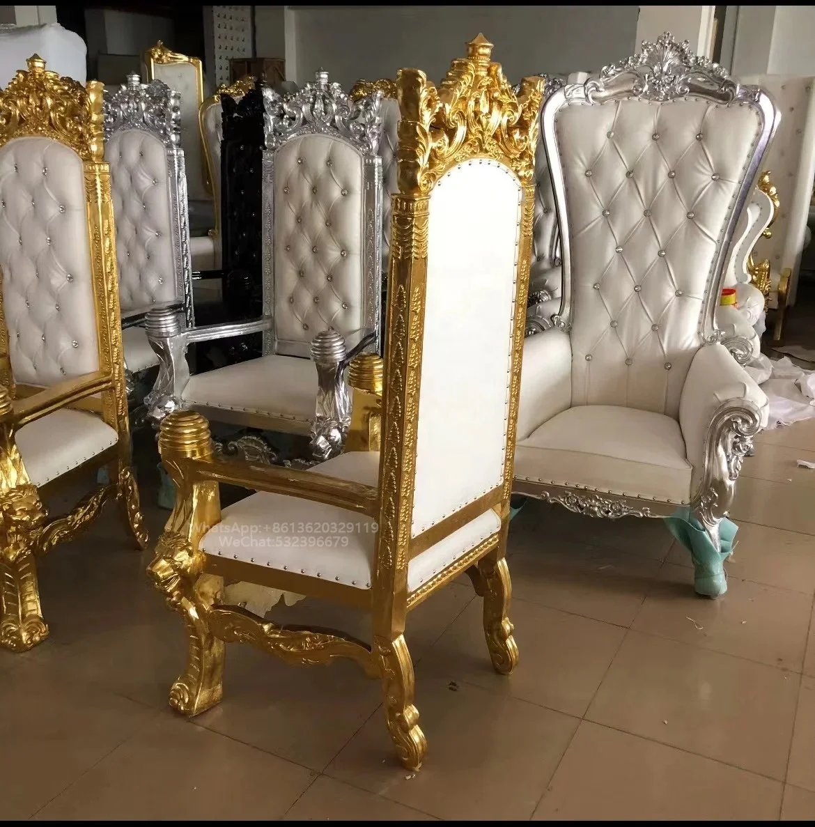Luxury Antique High Back Throne Chair in Classical Gold/Silver Wood Carving White Leather Hotels Living Rooms Bars Entrances