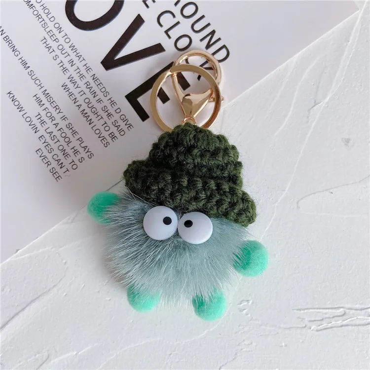 Cute Wear Hat Pompom Black Small Coal Mink Pom Poms Wear Hat Key Chain Keychain