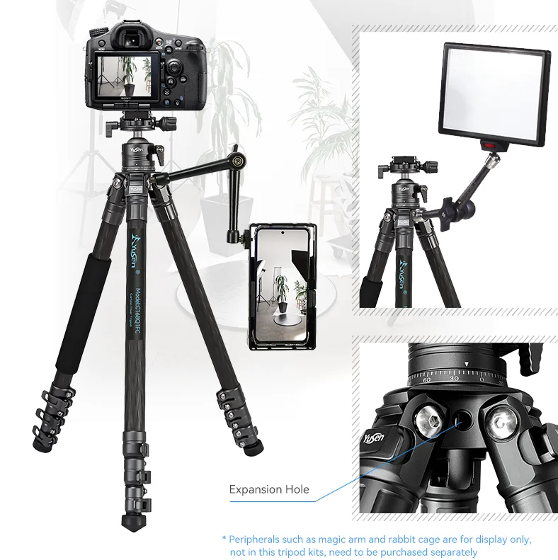 Professional Tripod 4 sections Carbon Fiber Camera Tripod stand with horizontal 360 degree center column