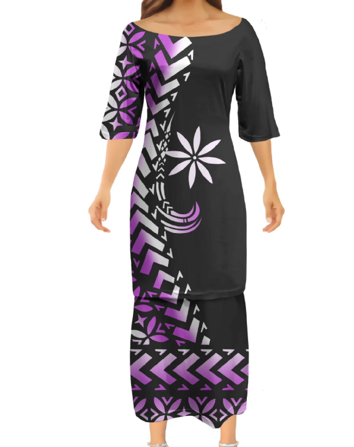 Summer Custom Maxi Casual Dresses Polynesian Tattoo Ladies Dress Big Round Neck Puletasi Half Sleeve Top and Skirt Set Female