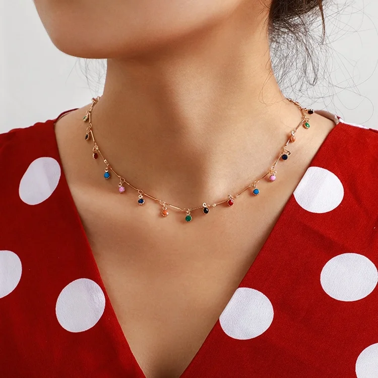 Boho Necklace With Tassel Chain Choker Women Single Layer Candy Color Small Ball Necklace