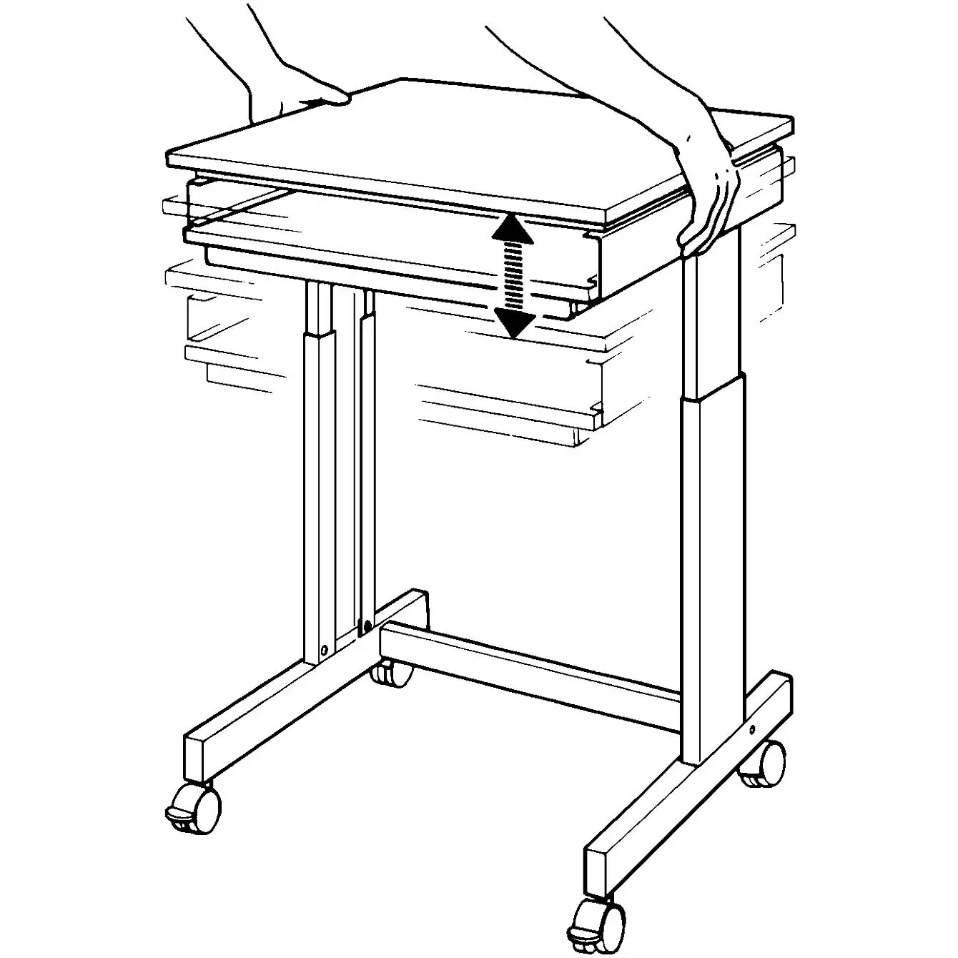 Twinco PC workstation Work standing or sitting Lift height adjustment Four double swivel castors, two with wheel stops Computer