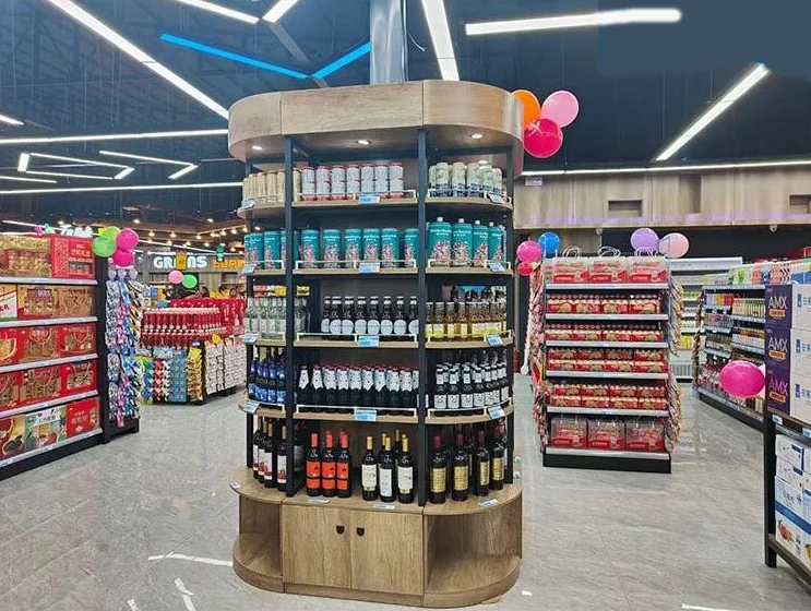 Popular wooden fruits and vegetable display shelf steel wooden combined shelf supermarket steel wood shelf