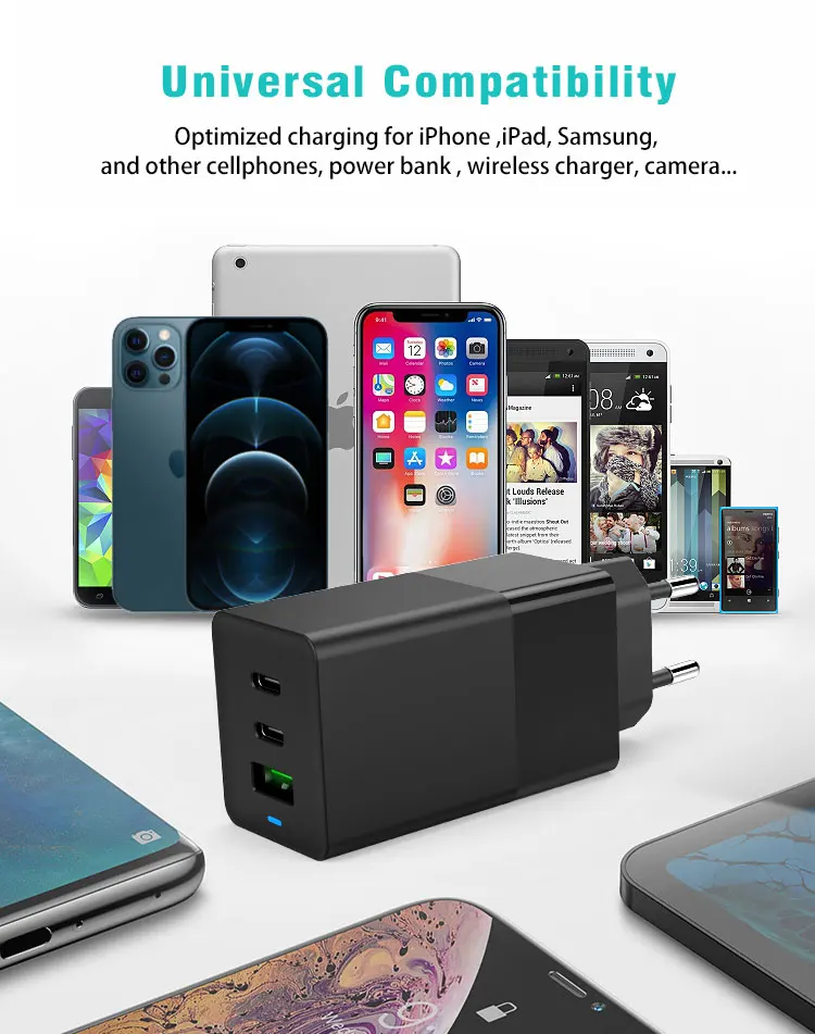 Manufacture wholesale price 3 ports GaN 65W USB-C with power delivery pd fast charger quick wall charger mach for samsung