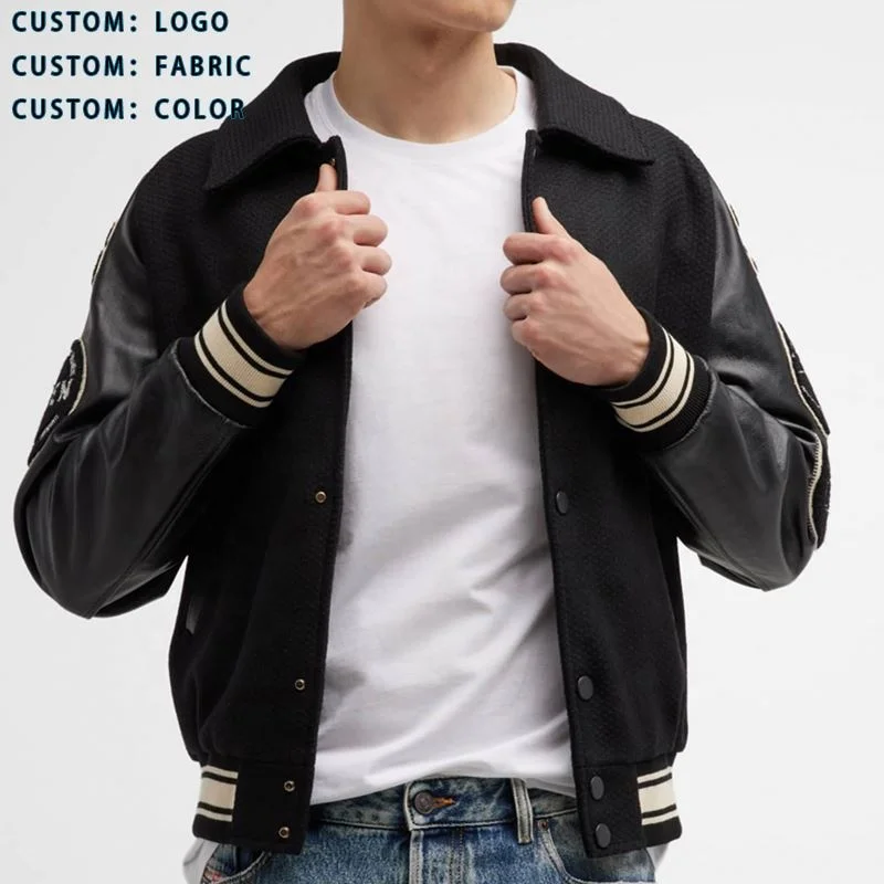 Stand Collar Custom Print Outdoor Jacket Oversize Black Coat Leatherman Varsity Jacket For Men