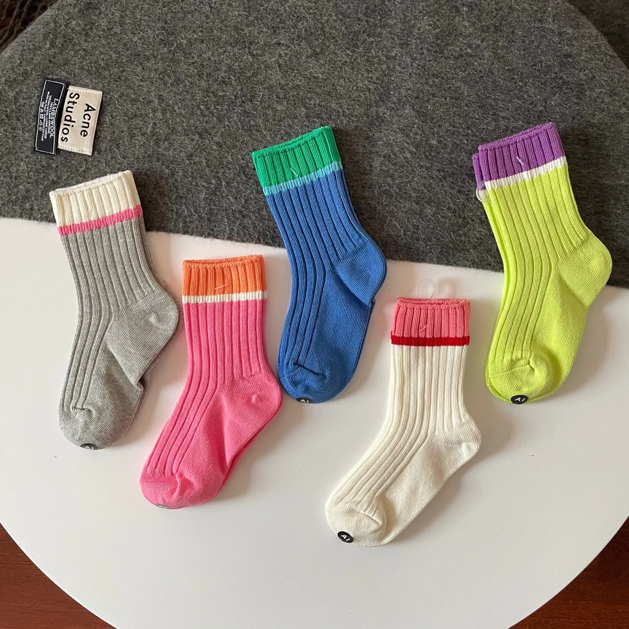 wholesale 5 Pairs Double Needle Solid Color Seamless Cotton Toddler Kids Ribbed Crew Socks