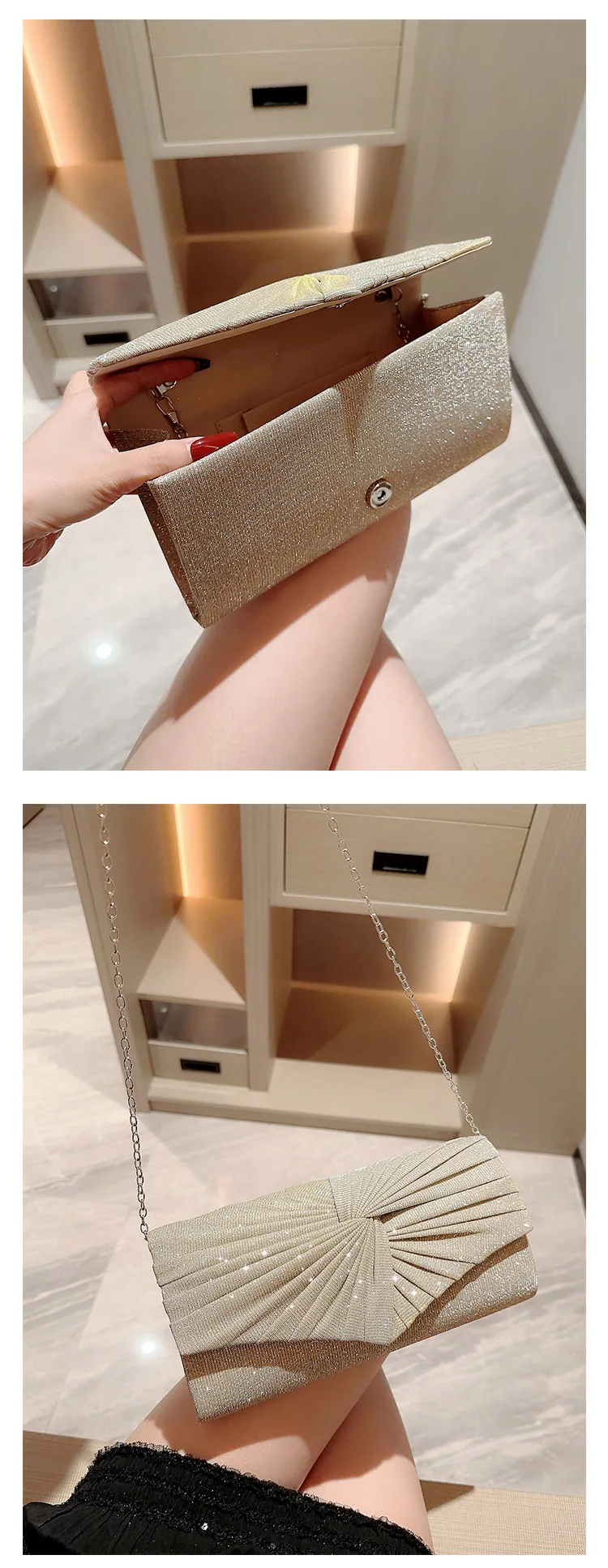 Grey Twinkling Women Party Clutch Bag Purses with Chain Dinner Dress Handbag Evening Wedding Wrinkle Clutch Handbags for Women