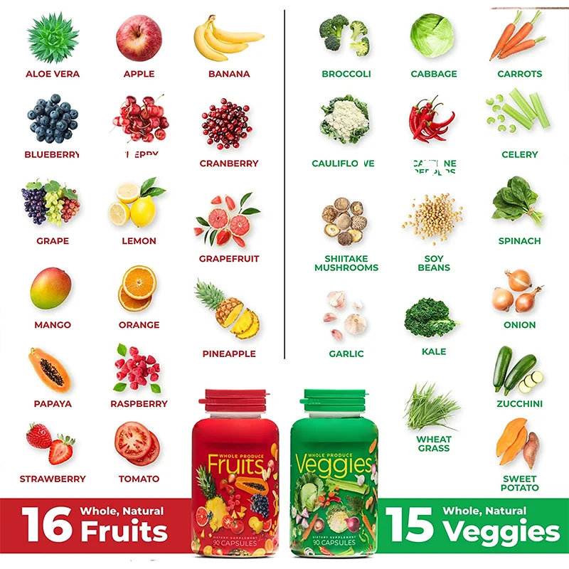 Private Label Fruits and Veggies Whole Food Supplement with Superfood 90 Fruit Capsules 90 Veggie Capsules