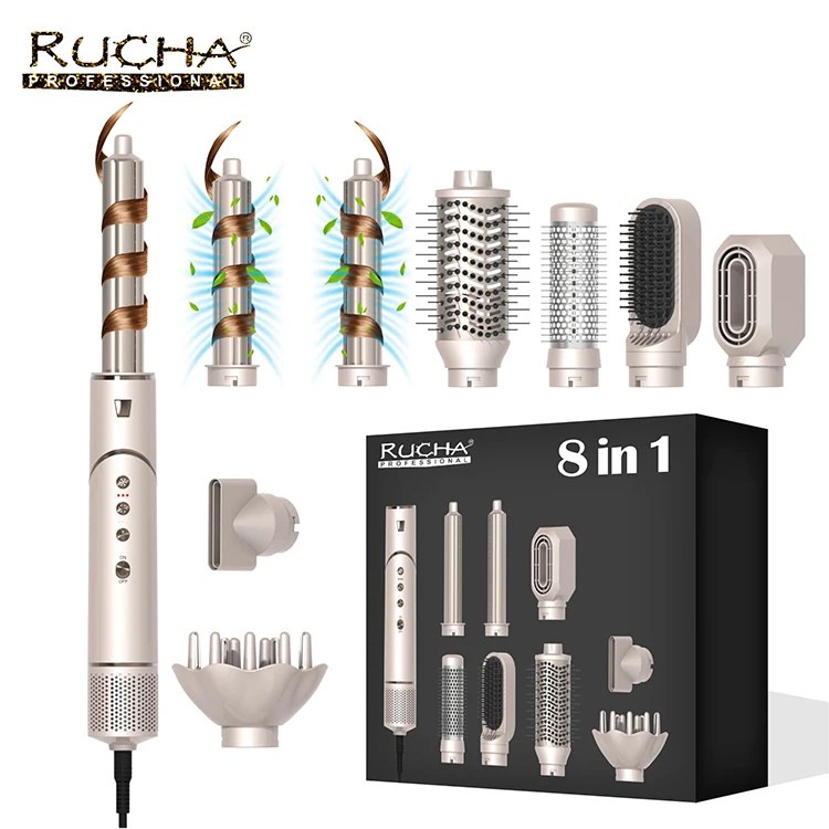 Professional 8 in 1 Hair Styler 110000RPM Ionic Hot Air Brush Foldable High Speed Interchangeable Hair Dryer Brush