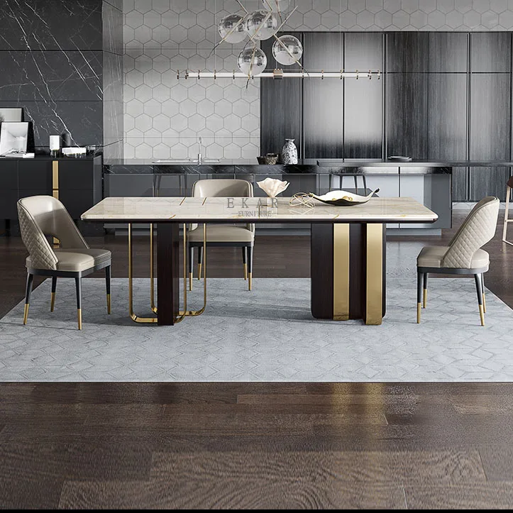 Italian Modern Elegant Marble Top Long Dining Table set Dining Room Furniture metal legs dining table set