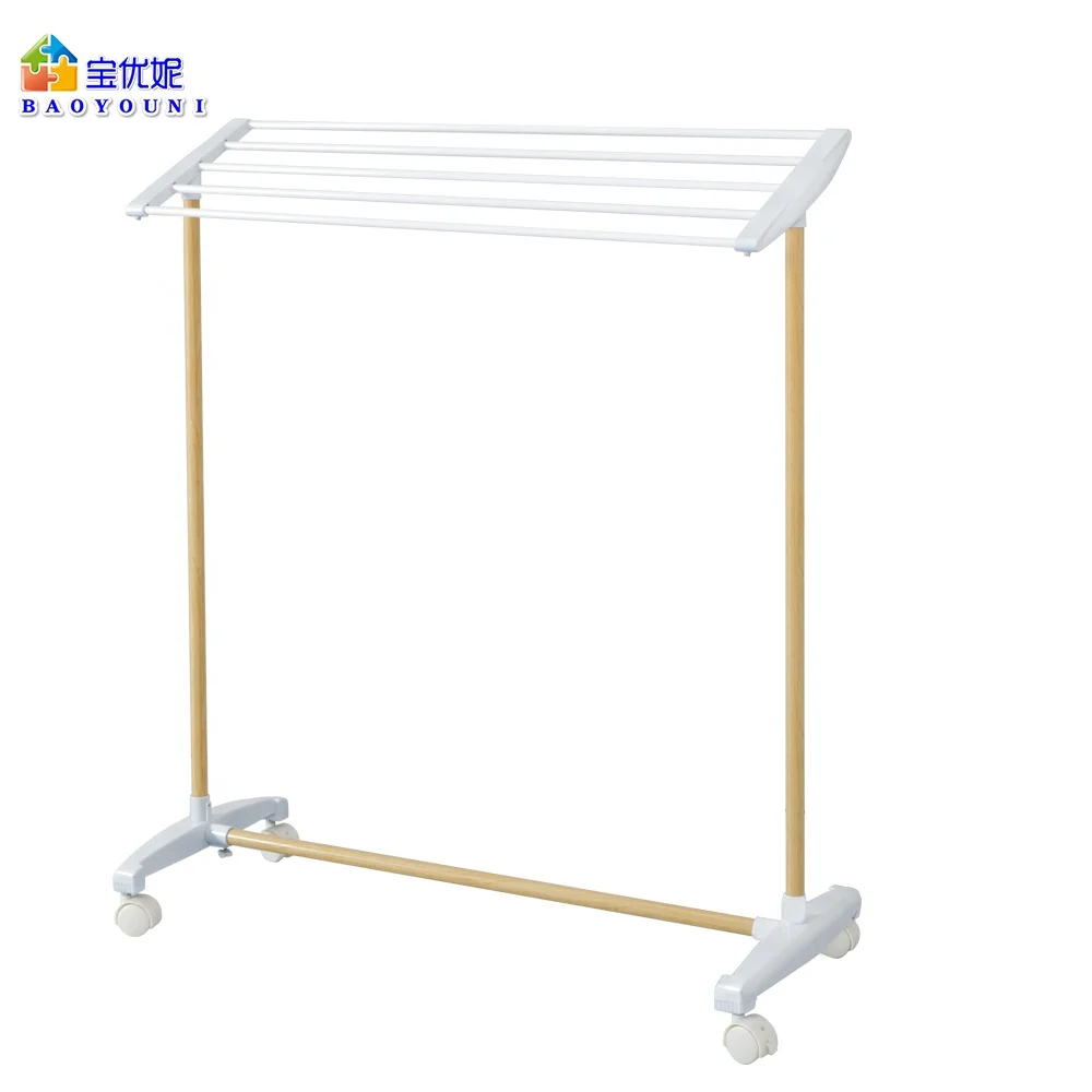 BAOYOUNI Metal Rolling Towel Rack Clothes Drying Stand Blanket Pants Laundry Rack 5 Bars Hanging Rod On Wheels (White+Brown)