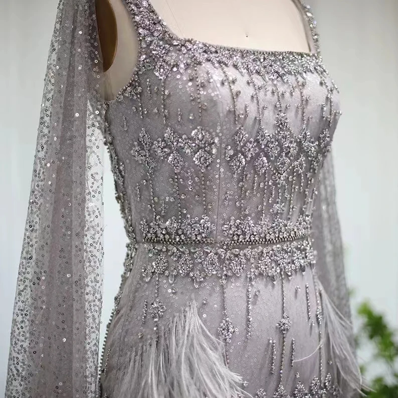 New Mermaid Fashionable women Crystal Beading Midi Party Dresses High Quality Feather Evening Dresses