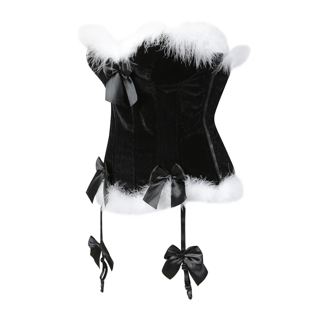 Factory Wholesale Sexy Club Party Court Tunic Feather Plush Christmas Red Clothes Ball Bow Corset Bra Women Lingerie Bustier