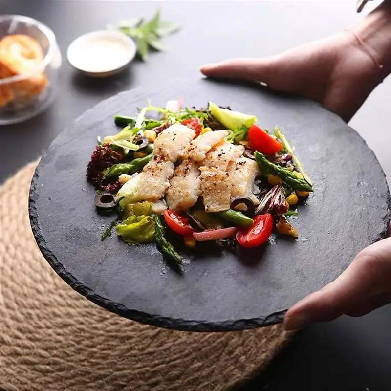 Rectangle Black Rock Plate Slab Round Natural Slate Dinner Plates Pasta Sushi Food Photography Props Serving Tray Cake Dishes pl