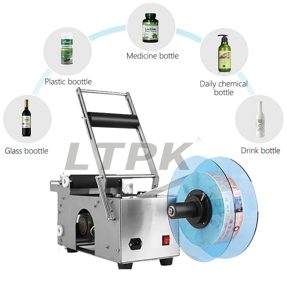 LTPK MT50 Desktop Semi Automatic Cosmetics Water Cold Glue Syrup Essential Oil Pet Pvc Plastic Round Bottle Labeling Machine