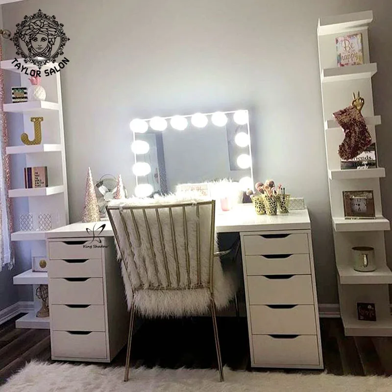 Modern Design Salon Furniture Style Mirror MDF Barber Station Hair Salon LED Mirrors Dressing Table With Drawers