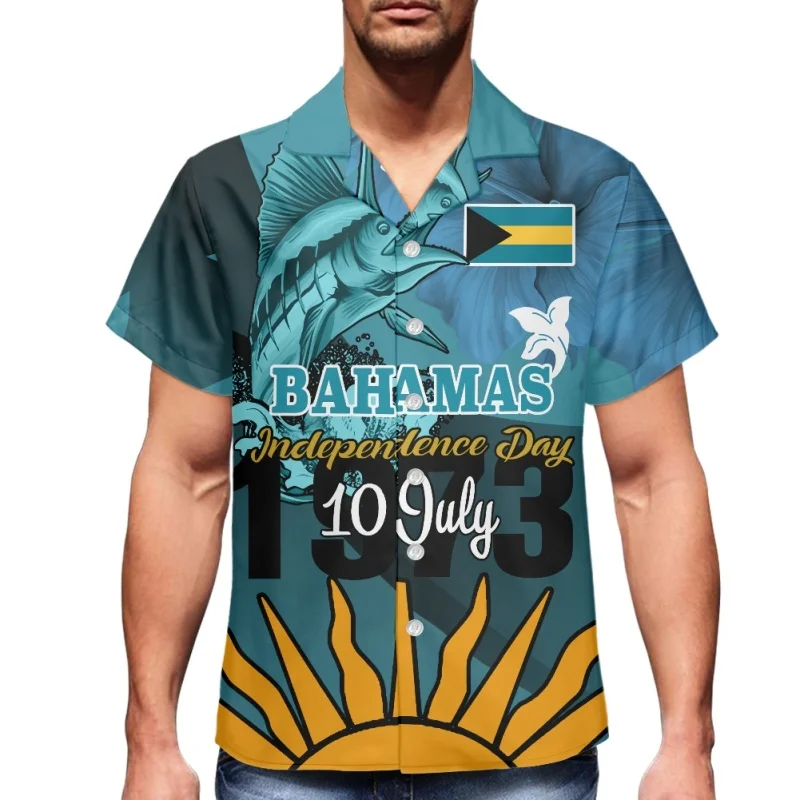 Men Hawaiian Shirts Bahamas Flag Independence Day Short Sleeve Summer Tops for Camp Vocation Beach Hawaiian Shirt Emblem Clothes