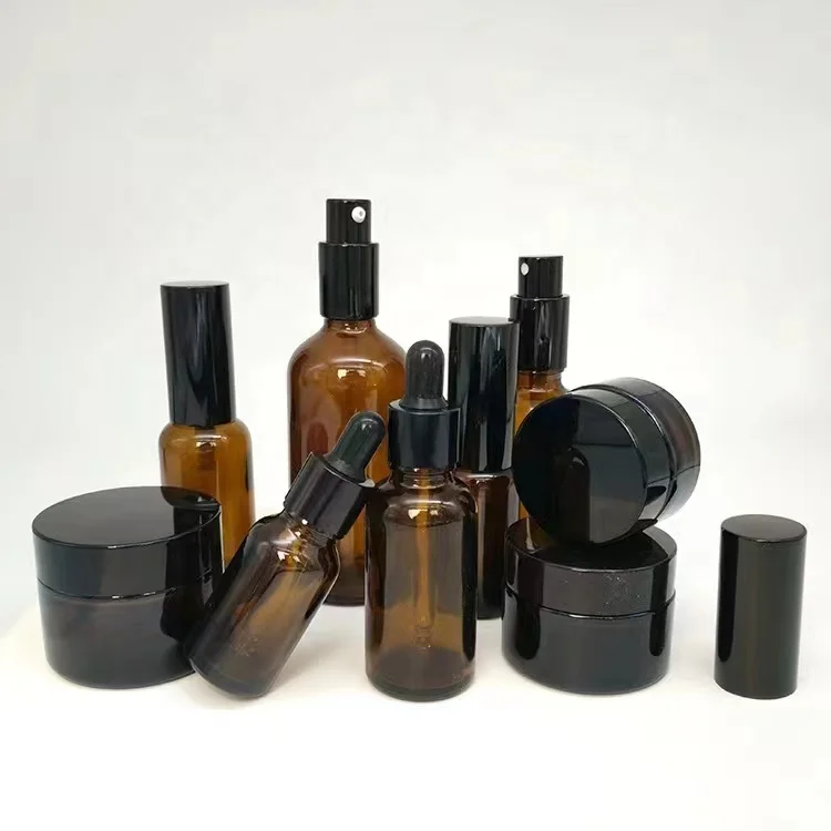 Matte Frosted Black Amber 10ml 20ml 50ml Glass Cream Jars with Bamboo Plastic Cover Brown Glass Bottles with Plastic Bamboo lid