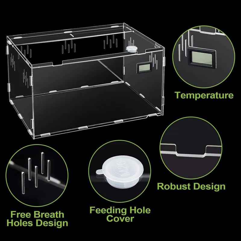 Acrylic Reptile Terrariums Tarantula Enclosure Hermit Crab Tank Cage Jumping Spider Breeding Box with Temperature Hygrometer