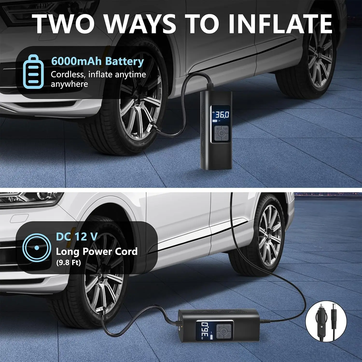 Wireless Tire Air Inflator Portable Air Compressor Electric Air Pump For Car Tire With Power Bank 150PSI 6000mAh Automatic off