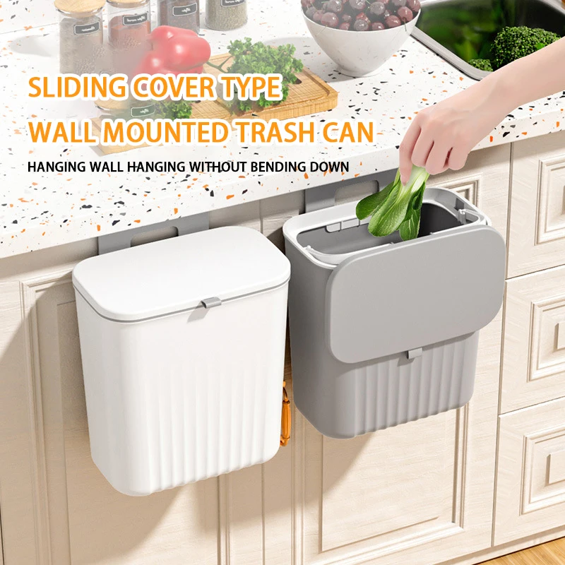 No-punching Wall Mounted Trash Can Waste Garbage Management Bin PP Plastic New Fashion with Cover Lid Kitchen Bathroom Office