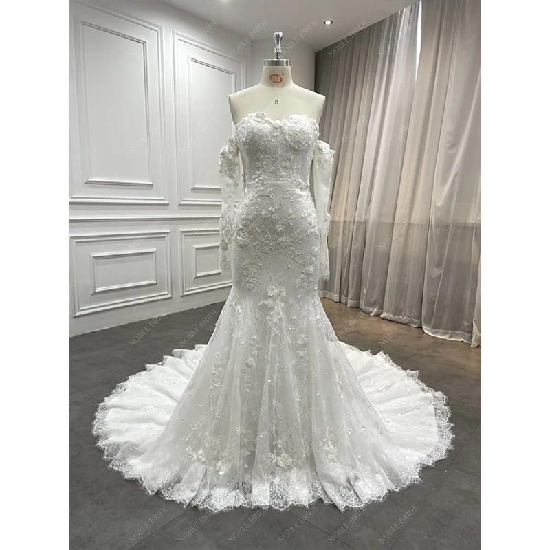 Hailey Style Underneath Chantilly Lace 3D Beaded Lace Sweetheart Long Off Shoulder Fit Flare Mermaid Wedding Dress Bridal Gown