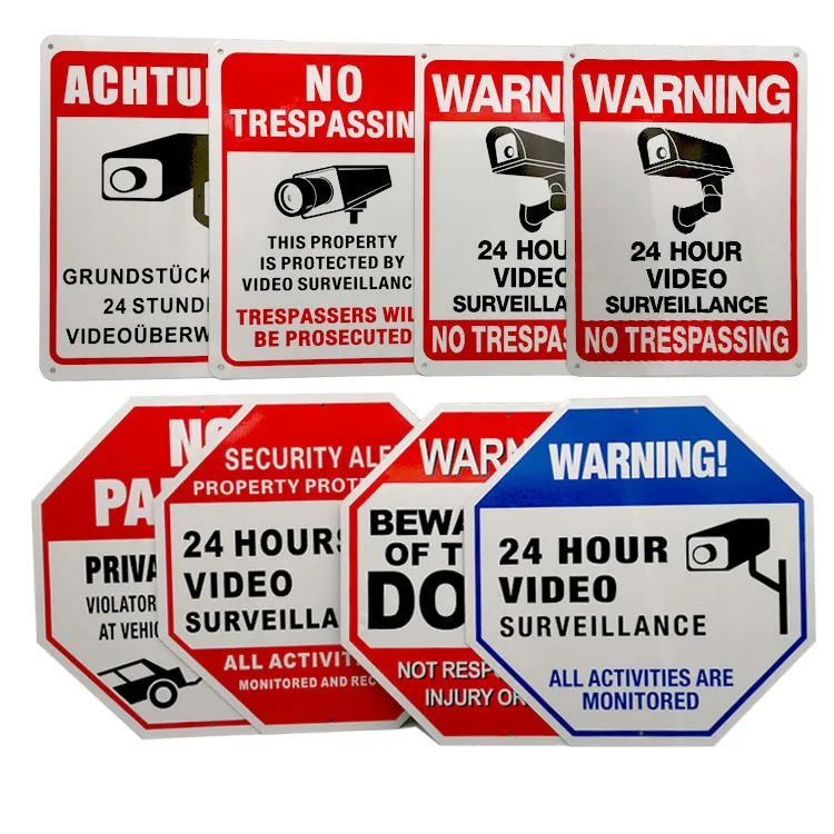No Trespassing Sign Metal Wall Tag Aluminum Reflective 24 Hour Video Surveillance Camera Monitor Warning Sign