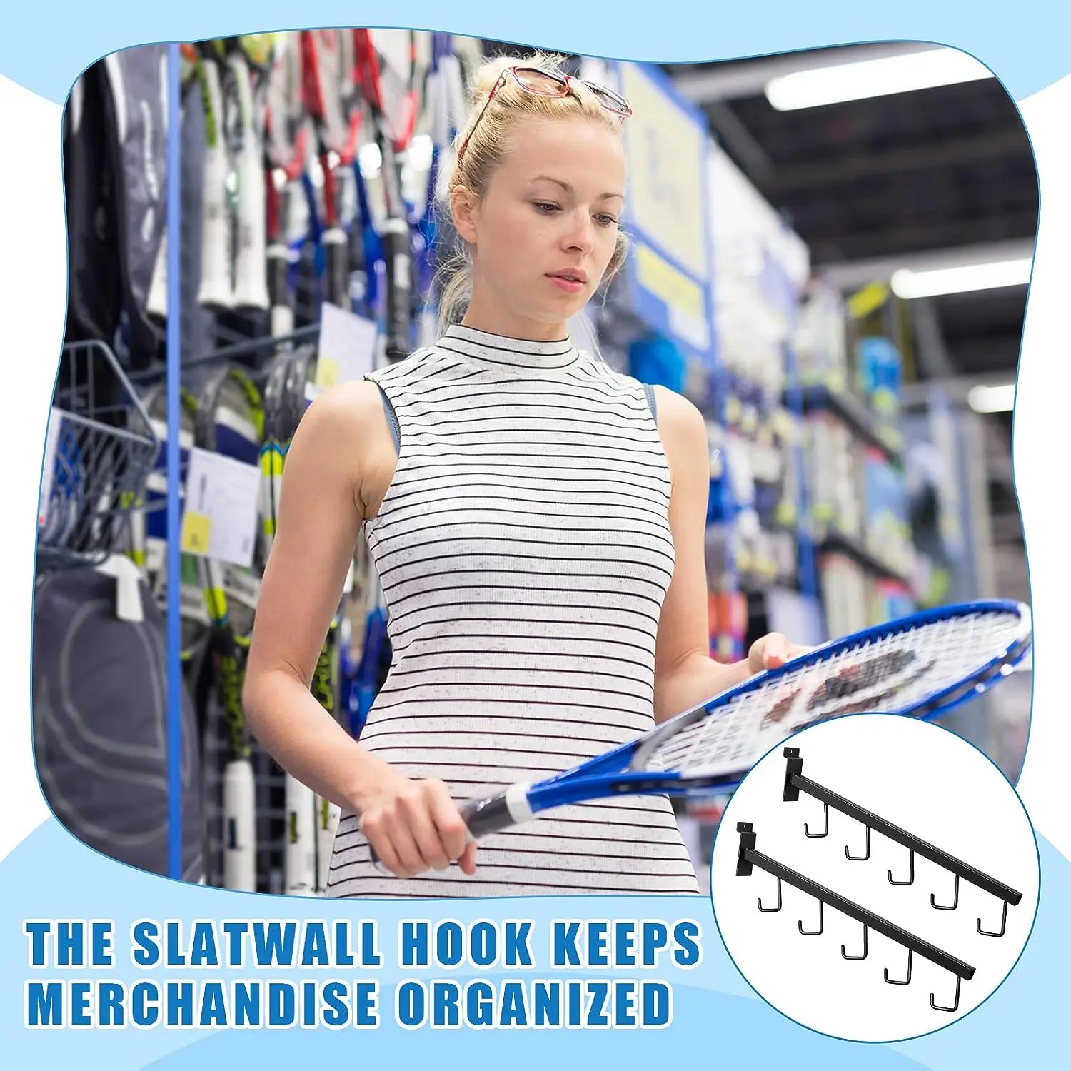 Rectangular Tube Waterfall Slatwall Clothes Hanger Rack Grid Wall Accessories Display with 5 Hooks