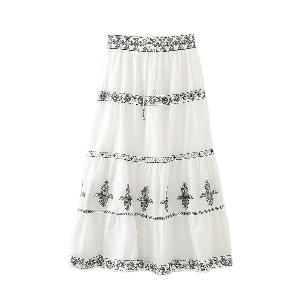 Floral embroidery white color drawstring waist casual fashion cotton long skirt for women