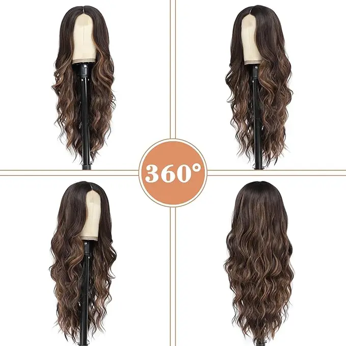 Blonde Wig With Bangs Long Wavy Curly Ombre Wig with Dark Root Synthetic Heat Resistant Fiber Hair for Women Daily Party Use