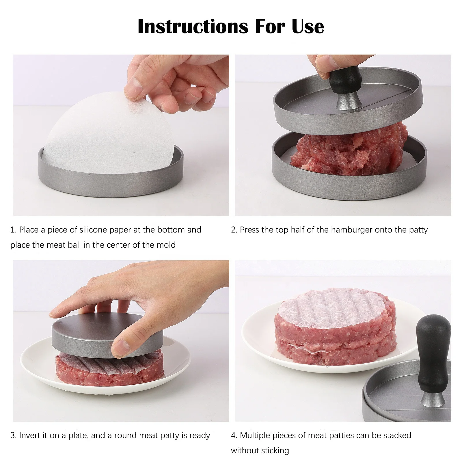 Hot Sale Aluminum Alloy Hamburger Patty Maker Kitchen Manual Non-stick Burger Press Round Shape Hamburger Meat Press With handle