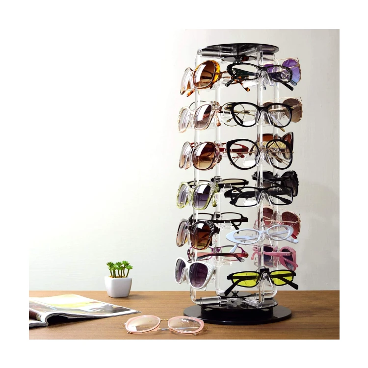 Hot Sales Clear Acrylic Rotating Sunglasses  Holder Display 24 Frame Transparent Acrylic Display Holder Case Stand for Shop Mall