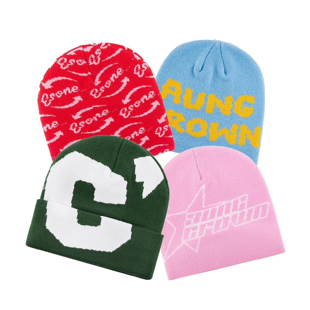 Wholesale Y2K Acrylic Skull Beanies Unisex All Over Print Reversible Toque Winter Knitted Beanies Hat with Custom Logo