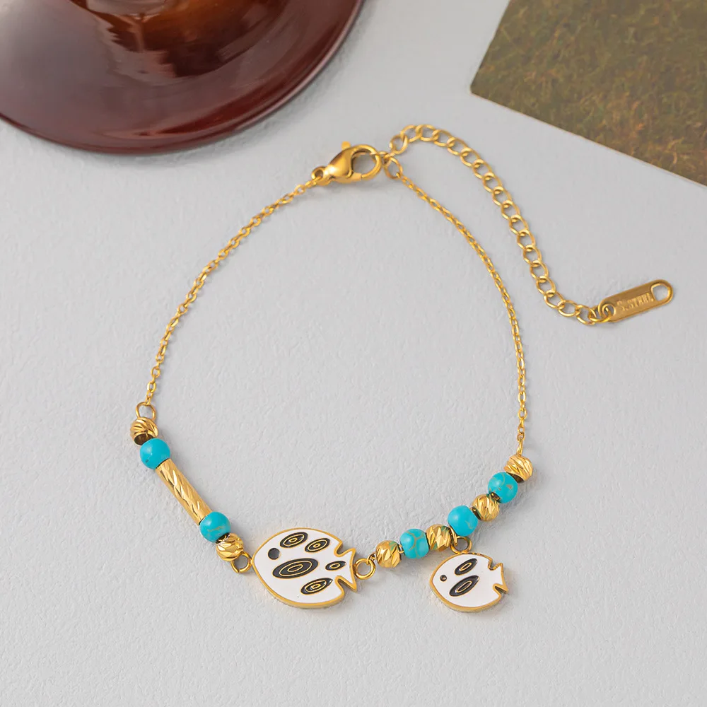 Stainless steel bracelet colored small fish blackboard natural turquoise small gold ball bracelet