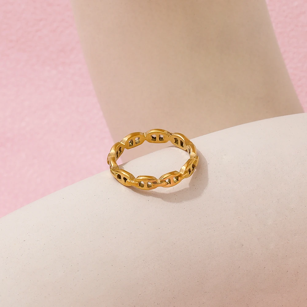 High End 18K Plain Gold Chain Hollow Rings Stainless Steel Trendy Simple Gold Plated Jewelry