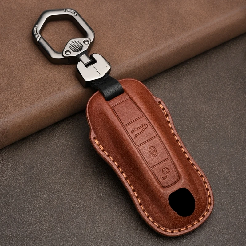 Leather Car Key Case Cover Porsche 971 Panamera Cayenne 911 9YA Macan Boxster 3 Buttons Keyless Remote Made Silicon Zinc Alloy