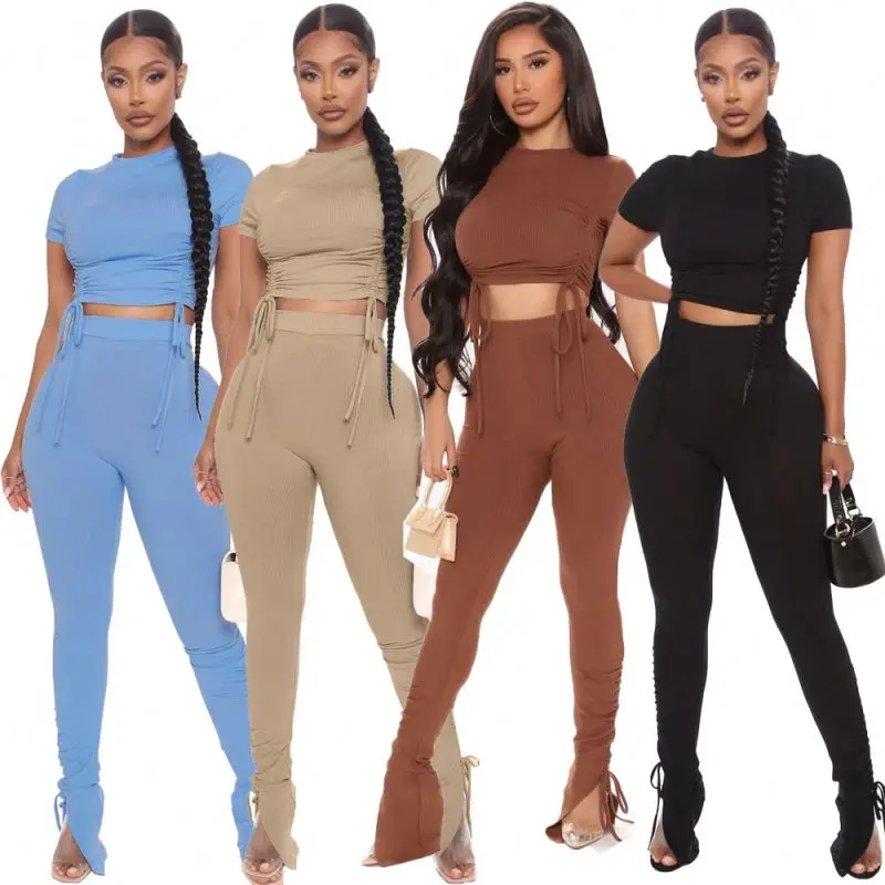 Summer 2022 Custom Logo Clothing Sets Pleated Lace-Up Crop Tops Jogger Set For Women Two Piece Pants Sets