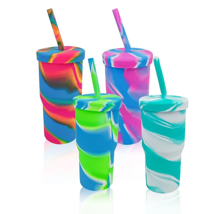 Unbreakable Food Grade Outdoor Camping Rubber Water Bottle 30 oz Silicone Drink Tumbler Cups With Lid