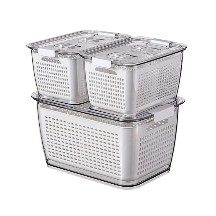 Vegetable Fruit Box Sealed Kitchen Bins Plastic Compartment Storage Food Containers Set With Lid Drain Basket