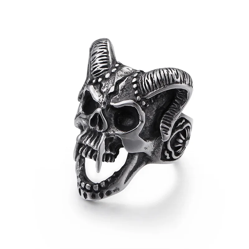 ZZR006 Western Big Devil Satan Vintage Punk Stainless Steel Mens Croissant skull ring Hot Creative Jewelry 2021 Wholesale