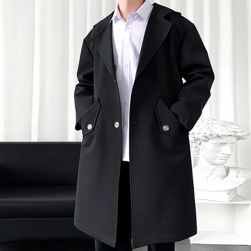 2022 OEM Custom Slant Pocket Single Breasted Long Sleeve Outerwear Jackets British Style black hooded Men Trench Coat