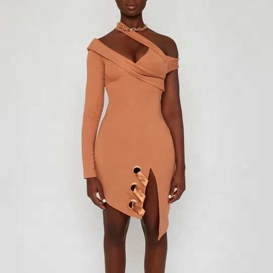 
 Оптовая продажа одежды ручной работы 2021 Новое поступление женское оранжевое праздничное платье на одно плечо  