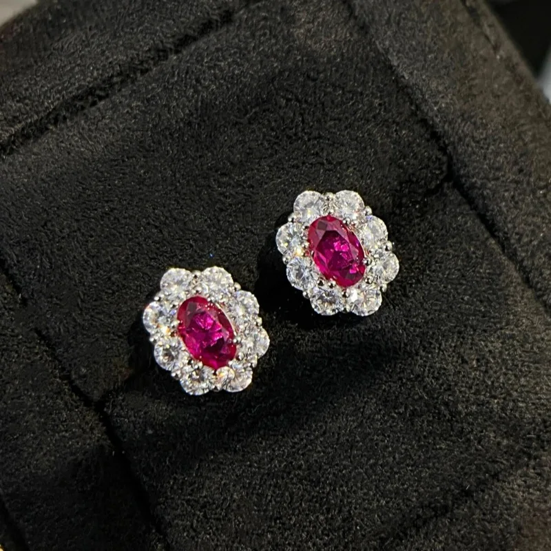 Oval pigeon blood jewel earrings encrusted with super flash small unique full diamond luxury earrings for women