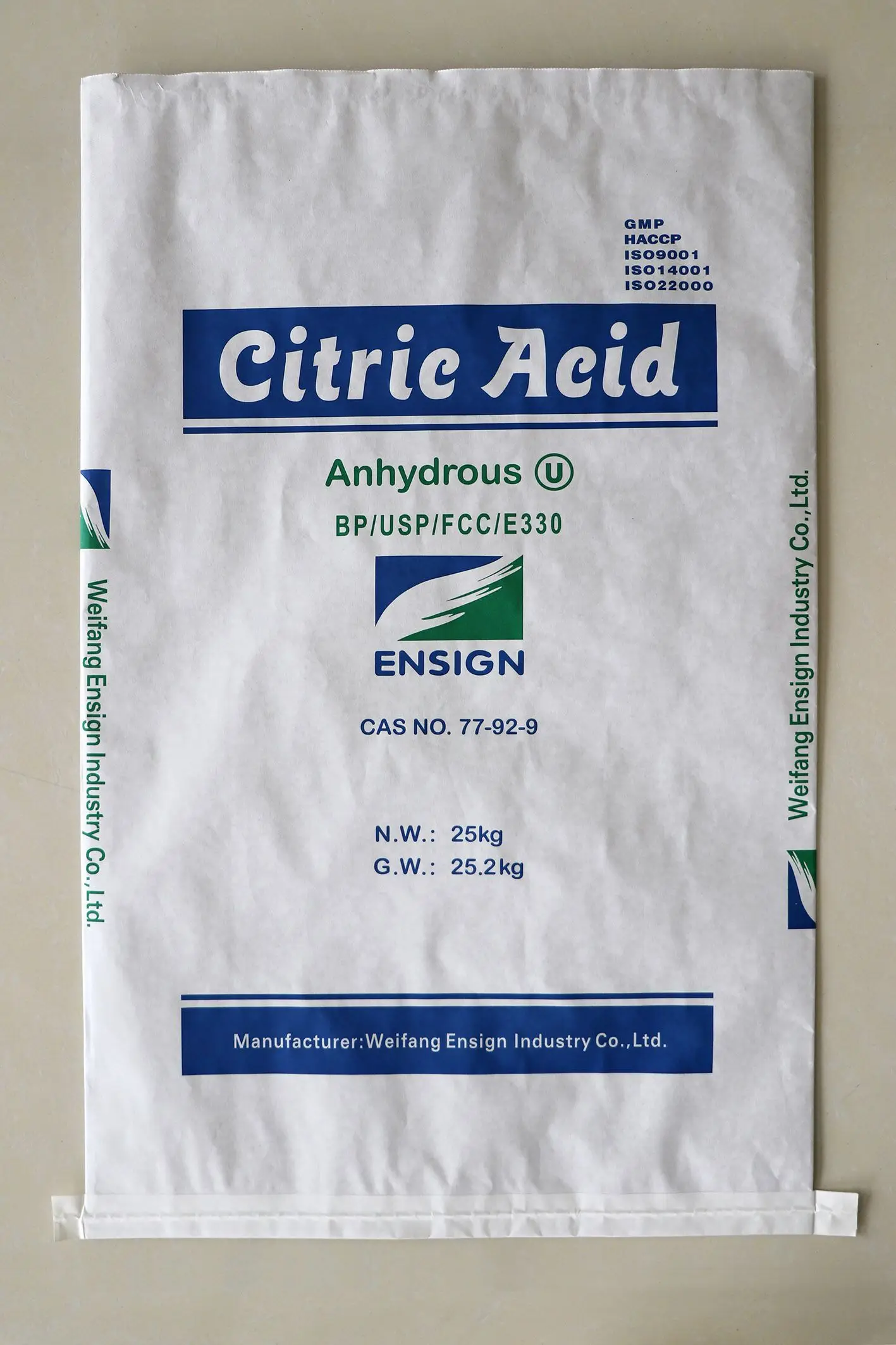 
Food Grade Halal and Kosher Certified 25kg Paper Bag Ensign Brand 30-100mesh Fine Crystal Powder Citric Acid Anhydrous 