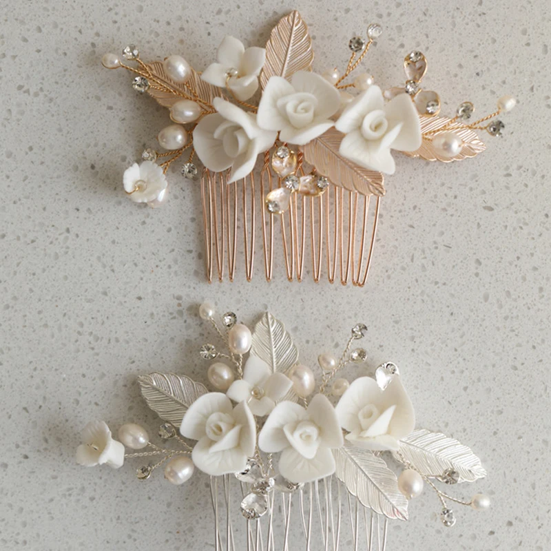 Керамическая металлическая расческа для волос с цветами, аксессуары для волос из пресноводного жемчуга, свадебная расческа для волос ручной работы
