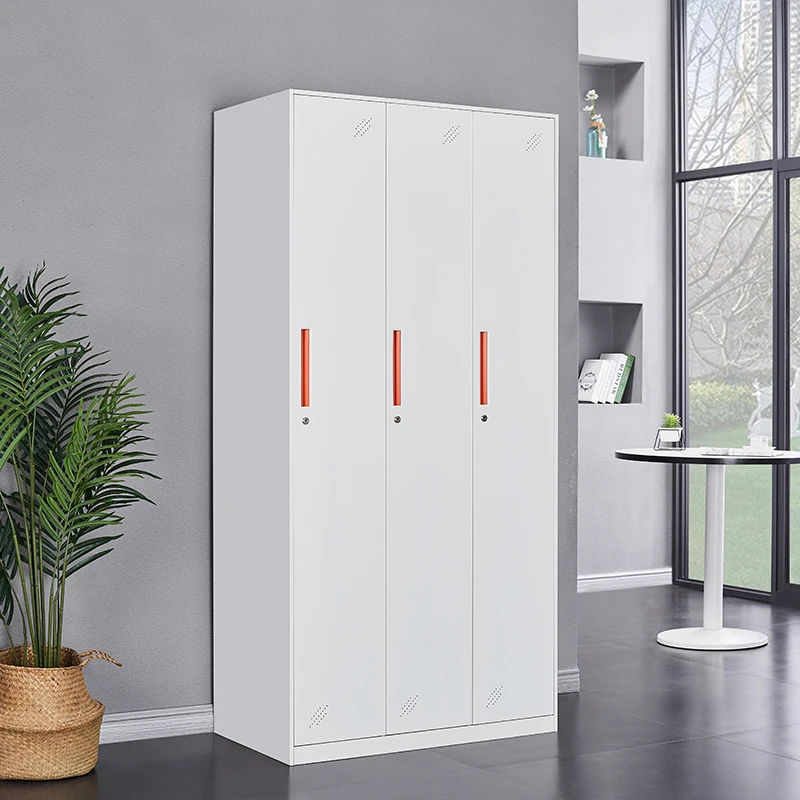 white three doors closet for clothes storage filing cabinet for hotel hospital metal steel wardrobe cupboard for bedroom
